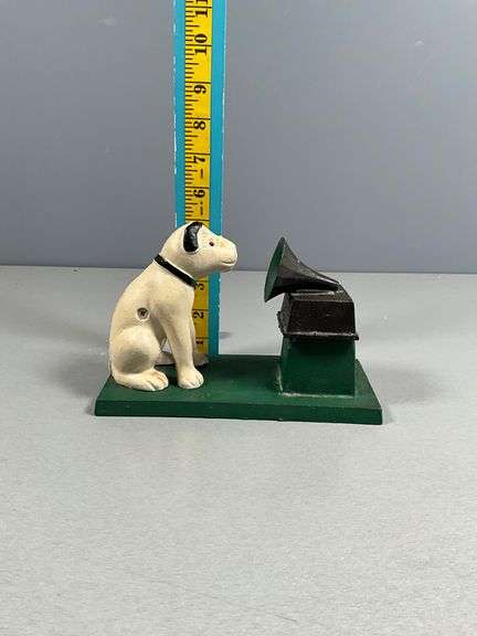 Cast Iron Dog Figurine with Gramophone on Green Base
