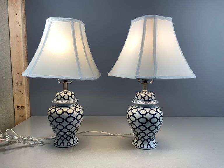 Ceramic Table Lamps with Blue Geometric Pattern and White Shades
