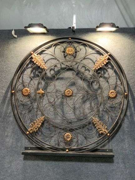 Extra Large Round Metal Decorative Panel with Scrollwork and Gilded Accents
