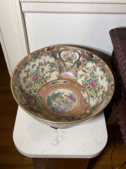 Porcelain Decorative Bowl with Floral and Figurative Motifs on Wooden Base