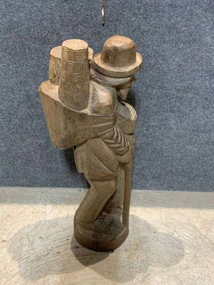 Barefoot Traveler Hand-Carved Wooden Statue of Man Carrying Baskets