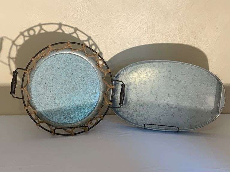 Two Galvanized Metal Trays with Handles