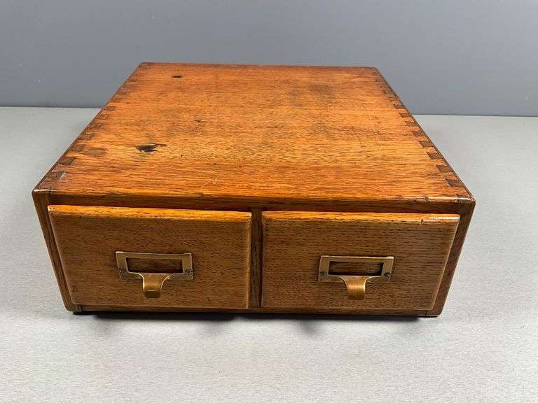 Two-Drawer Wooden Card File Cabinet with Brass Pulls