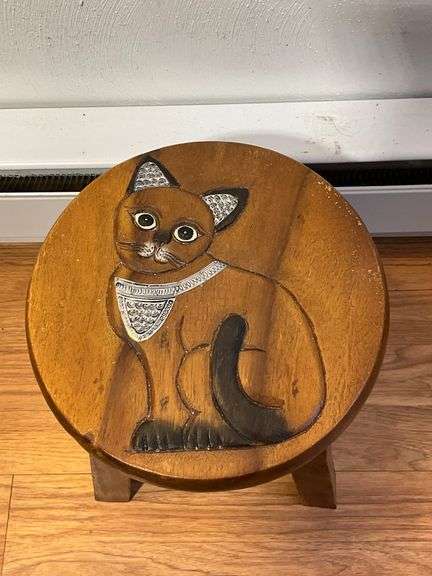 Wooden Stool with Painted Cat Design and Metal Accents