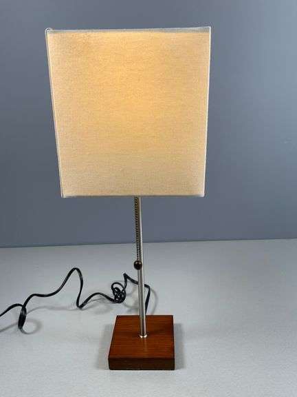 Table Lamp with Wooden Base, Metal Stem, and Square Fabric Shade