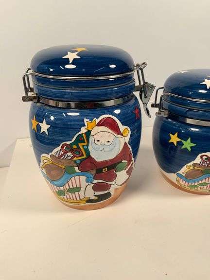 3 Santa-Themed Ceramic Canisters With Clamp Lids