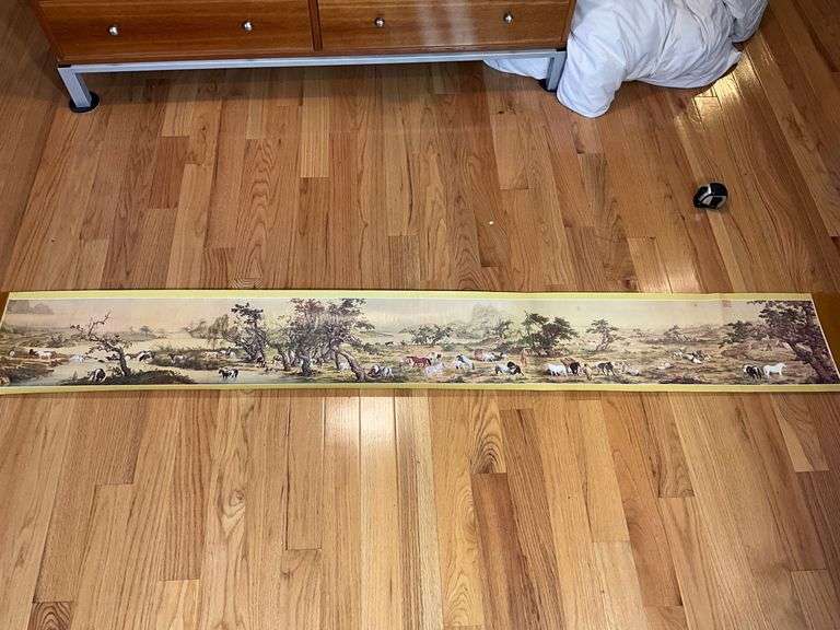 Hand-Painted Scroll with Pastoral Scene, 108” x 11.25”