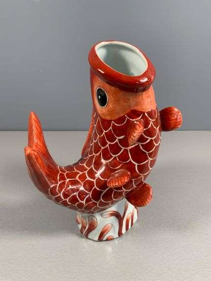Red Ceramic Fish-Shaped Vase with White Interior and Scaled Detailing