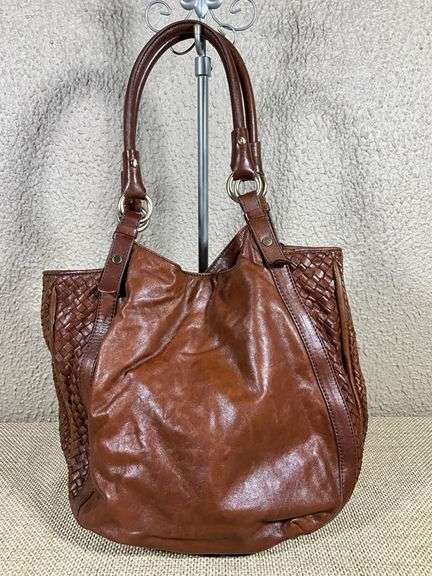 Liz Claiborne Brown Leather Tote Bag With Woven Accents