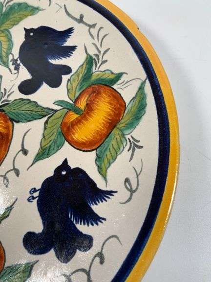 Hand-Painted Ceramic Plate by La Concordia with Fruit and Bird Motif