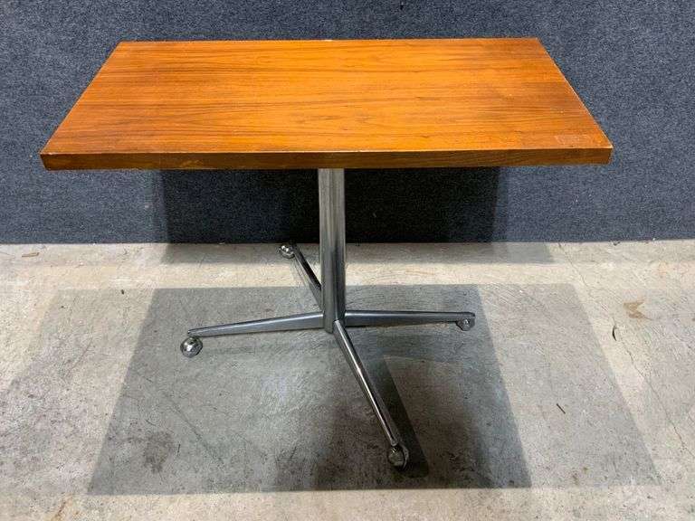 Adjustable Swivel Table with Wood Top and Chrome Base on Casters