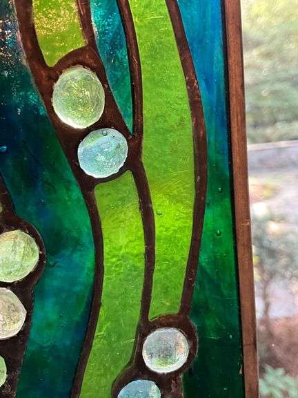 Stained Glass Panel Featuring Fish Design with Green and Blue Accents