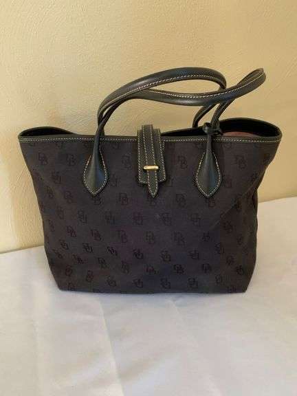 Dooney & Bourke Monogrammed Fabric Tote Bag With Leather Handles and Pink Interior