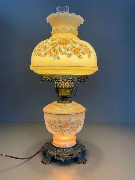 Hand-Painted Electric Hurricane Lamp with Floral Design and Metal Base