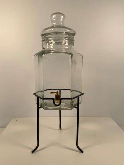 Glass and Metal Beverage Dispenser with Stand and Gold-Tone Tap