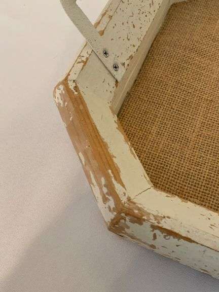 Wooden Tray With Handles Featuring Distressed Paint and Burlap Base