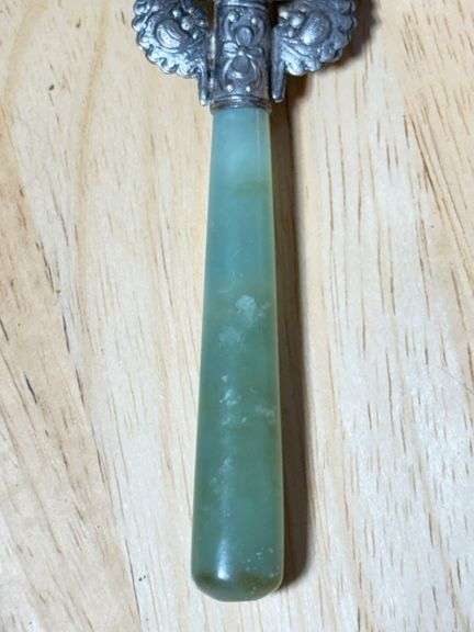 Vintage Magnifying Glass With Ornate Metal Surround and Jade Handle