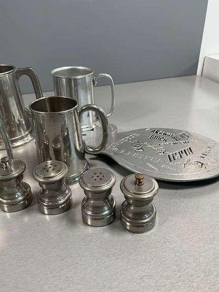 Pewter, Silver Toned Mugs, Salt Shakers, and Accessories