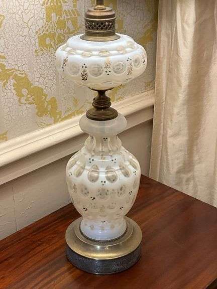 Opaline Glass Table Lamp With Brass Accents and White Shade