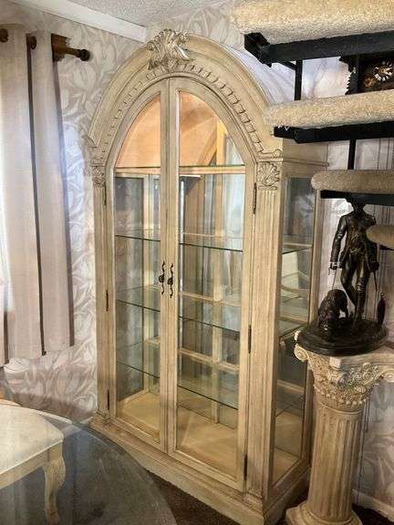 Ornate Wood and Glass Display Cabinet With Arch Top and Interior Lighting