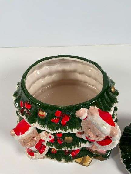 Ceramic Christmas Tree Cookie Jar with Teddy Bears Design