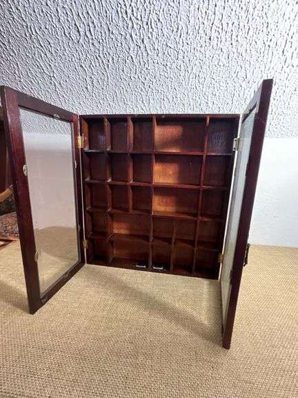 Wooden Display Case With Dual Glass Doors and Divided Compartments