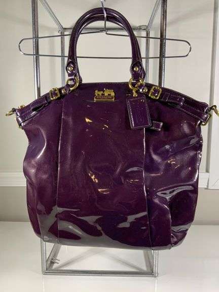 Coach Purple Patent Leather Tote Bag With Gold Hardware