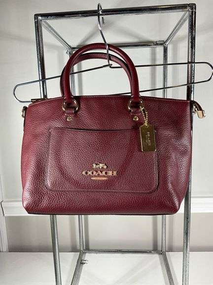 Coach Burgundy Pebbled Leather Zip-Top Tote Bag With Dual Handles and Tag