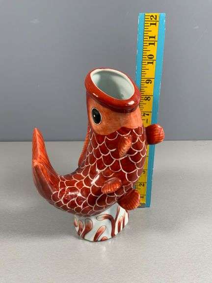 Red Ceramic Fish-Shaped Vase with White Interior and Scaled Detailing