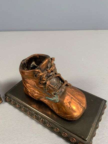 Copper-Finished Baby Shoe Bookends on Decorative Bases