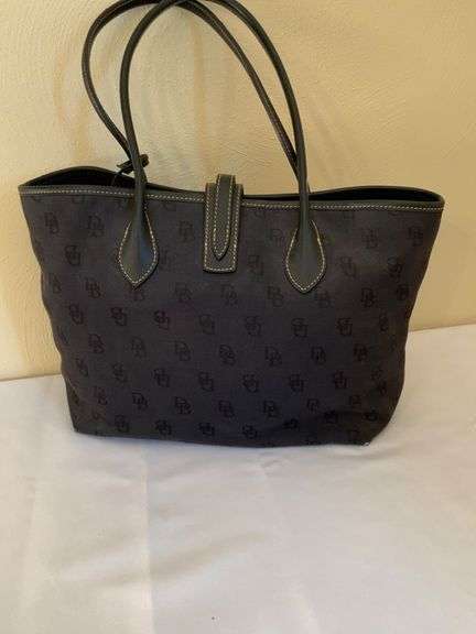 Dooney & Bourke Monogrammed Fabric Tote Bag With Leather Handles and Pink Interior