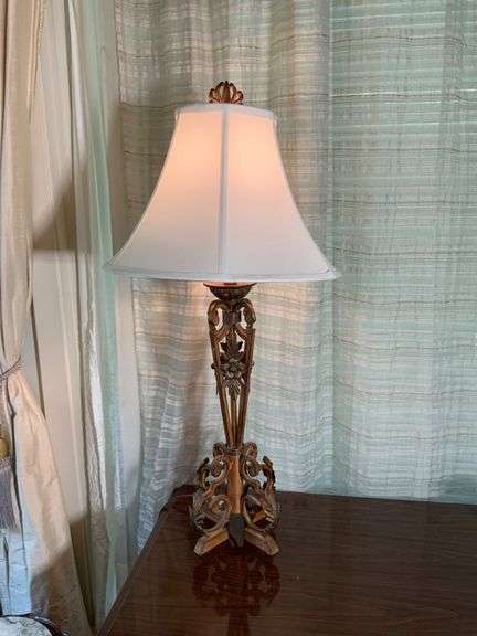 Metal Lamp With Decorative Base and White Shade