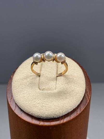 14K Gold Ring with Three Pearls, Size 6