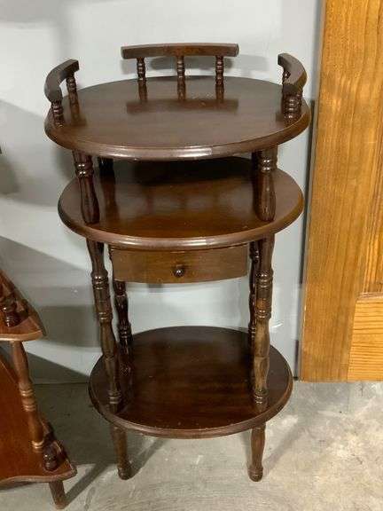 Three-Tier Wooden Side Table With Drawer and Turned Leg Design