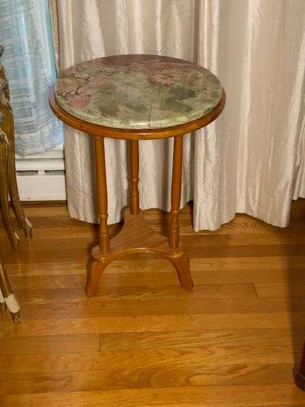 Round Marble-Top Wooden Accent Table with Tripod Base