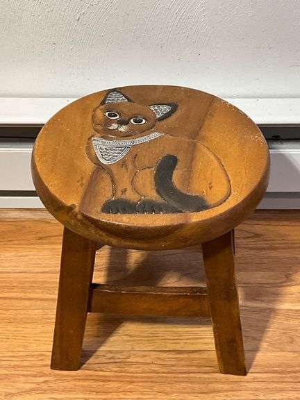 Wooden Stool with Painted Cat Design and Metal Accents