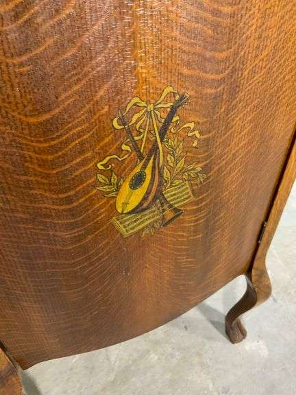 Vintage Wood Music Cabinet With Musical Motif and Interior Shelving