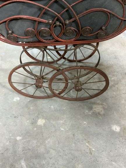 Victorian-Style Metal and Wood Doll Stroller with Canopy