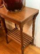 Wooden Side Table with Slatted Lower Shelf and Turned Legs