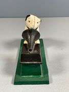 Cast Iron Dog Figurine with Gramophone on Green Base