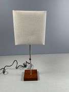 Table Lamp with Wooden Base, Metal Stem, and Square Fabric Shade