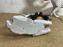 Two White Textured Reindeer Figurines with Holiday Accents