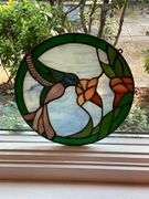 Stained Glass Panel Depicting Hummingbird and Flowers