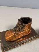 Copper-Finished Baby Shoe Bookends on Decorative Bases