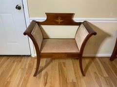Wooden Loveseat Bench With Inlay Design and Upholstered Seat
