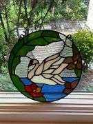 Stained Glass Oval Panel Featuring Swan and Floral Design