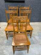 Five Wooden Chairs with Embossed Leather Looking Seats and Decorative Backs