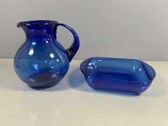 Cobalt Blue Pitcher and Anchor Hocking Baking Dish