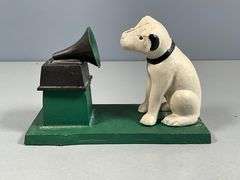 Cast Iron Dog Figurine with Gramophone on Green Base