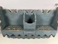 Blue Wooden Hanging Shelf With Scalloped Edges and Drawer